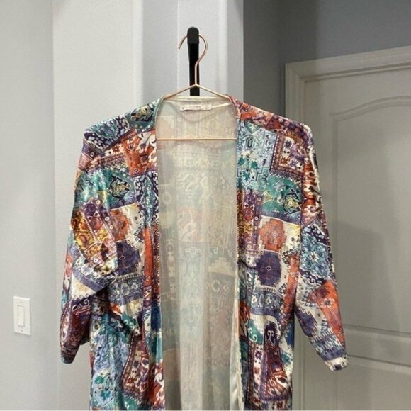 Pull & Bear Velour Hippie Kimono Bohemian Open Front Fringe Aztec Size Medium - Picture 2 of 5